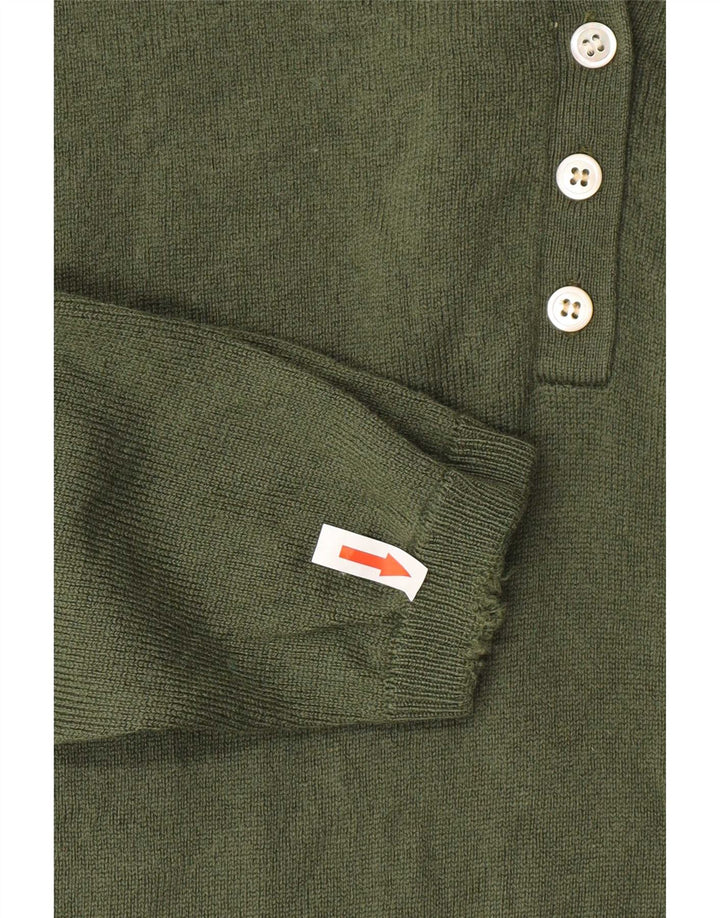 Suéter feminino Orvis com gola redonda e botão Reino Unido 16 grande lã verde