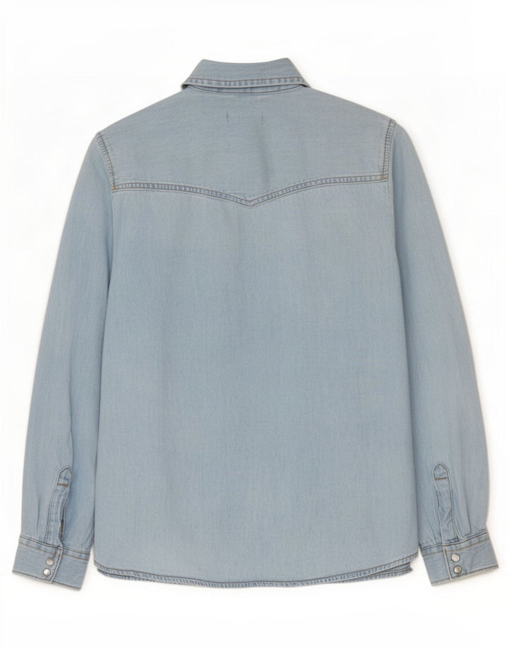 Camisa jeans feminina Benetton UK 10 pequena azul