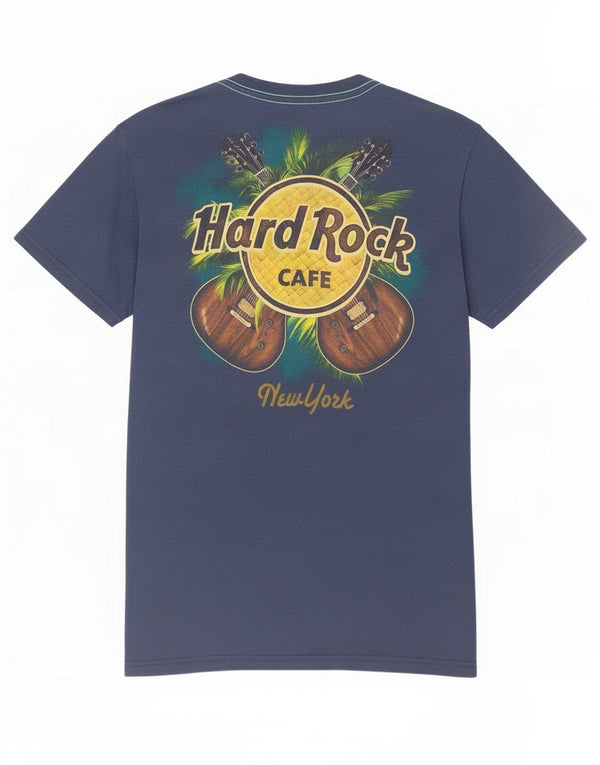 Camiseta masculina Hard Rock Cafe Nova York com estampa gráfica pequena de algodão azul marinho