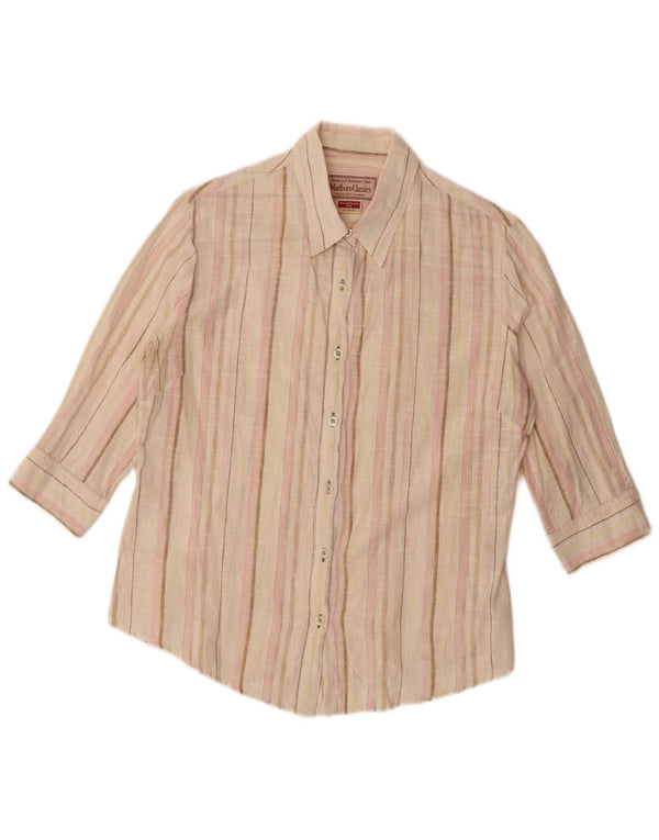 Camisa feminina Marlboro Classics manga 3/4 UK 18 XL listrada bege