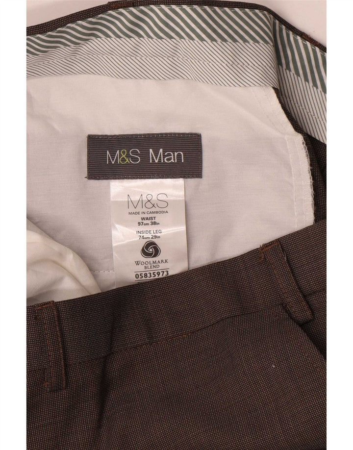 Calça masculina de terno reto Marks & Spencer W38 L29 lã marrom