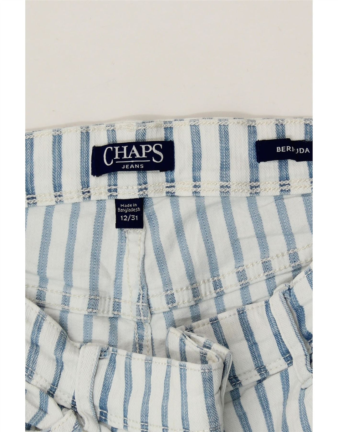 CHAPS Womens Bermuda Denim Shorts US 12 Large W31 Blue Pinstripe Cotton Vintage Chaps and Second-Hand Chaps from Messina Hembry 