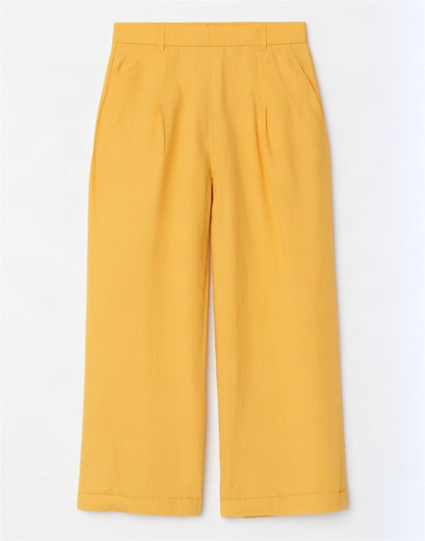 Calça Chino feminina Zara com perna larga médio W28 L29 linho amarelo