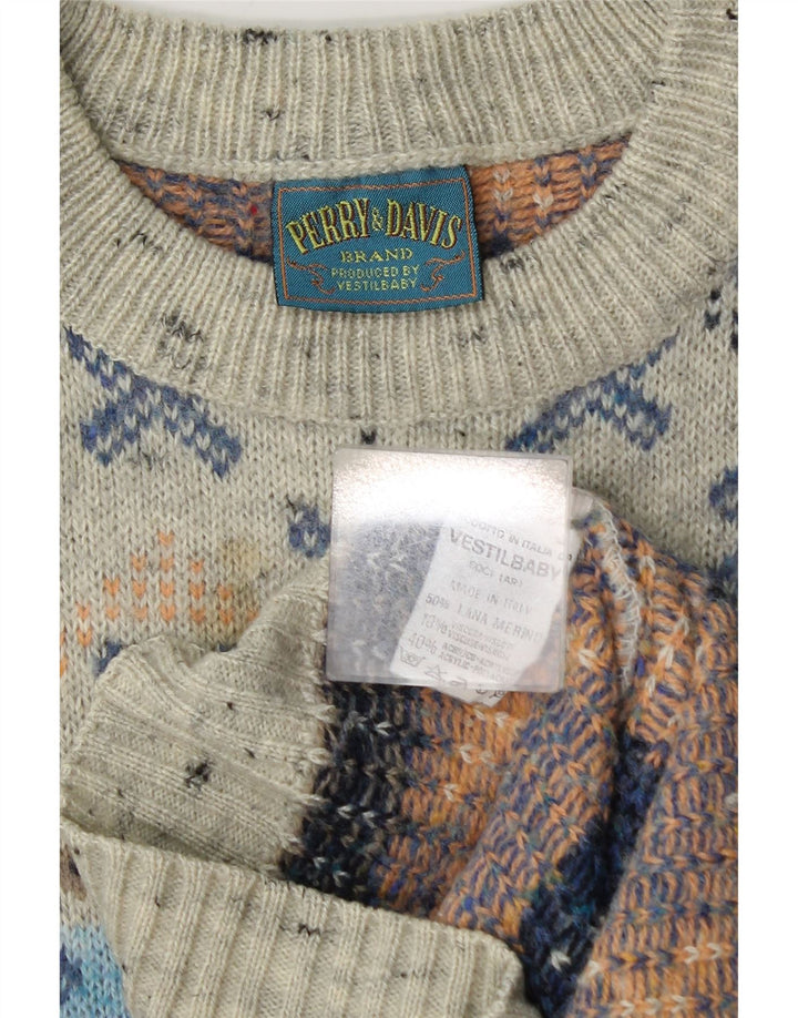 Suéter vintage masculino com gola canoa, lã geométrica cinza médio