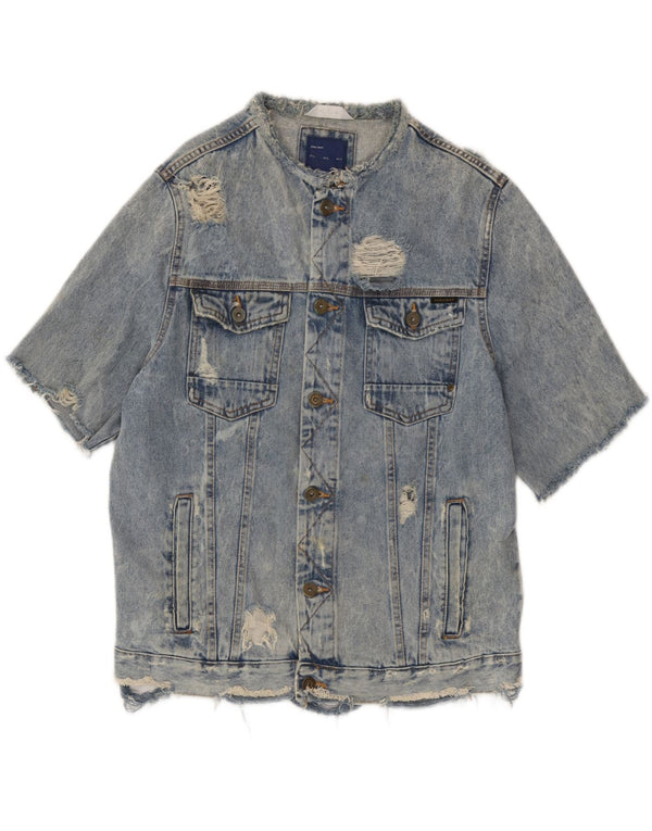 Zara Jaqueta jeans masculina de manga curta desgastada Reino Unido 42 XL azul algodão