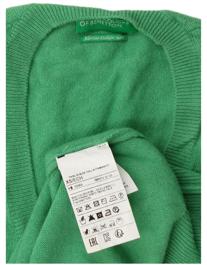 Suéter feminino BENETTON com decote em V Reino Unido 6 XS lã virgem verde