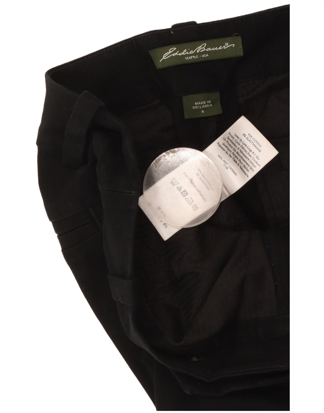 Calça feminina casual Eddie Bauer reta US 6 médio W34 L30 preta