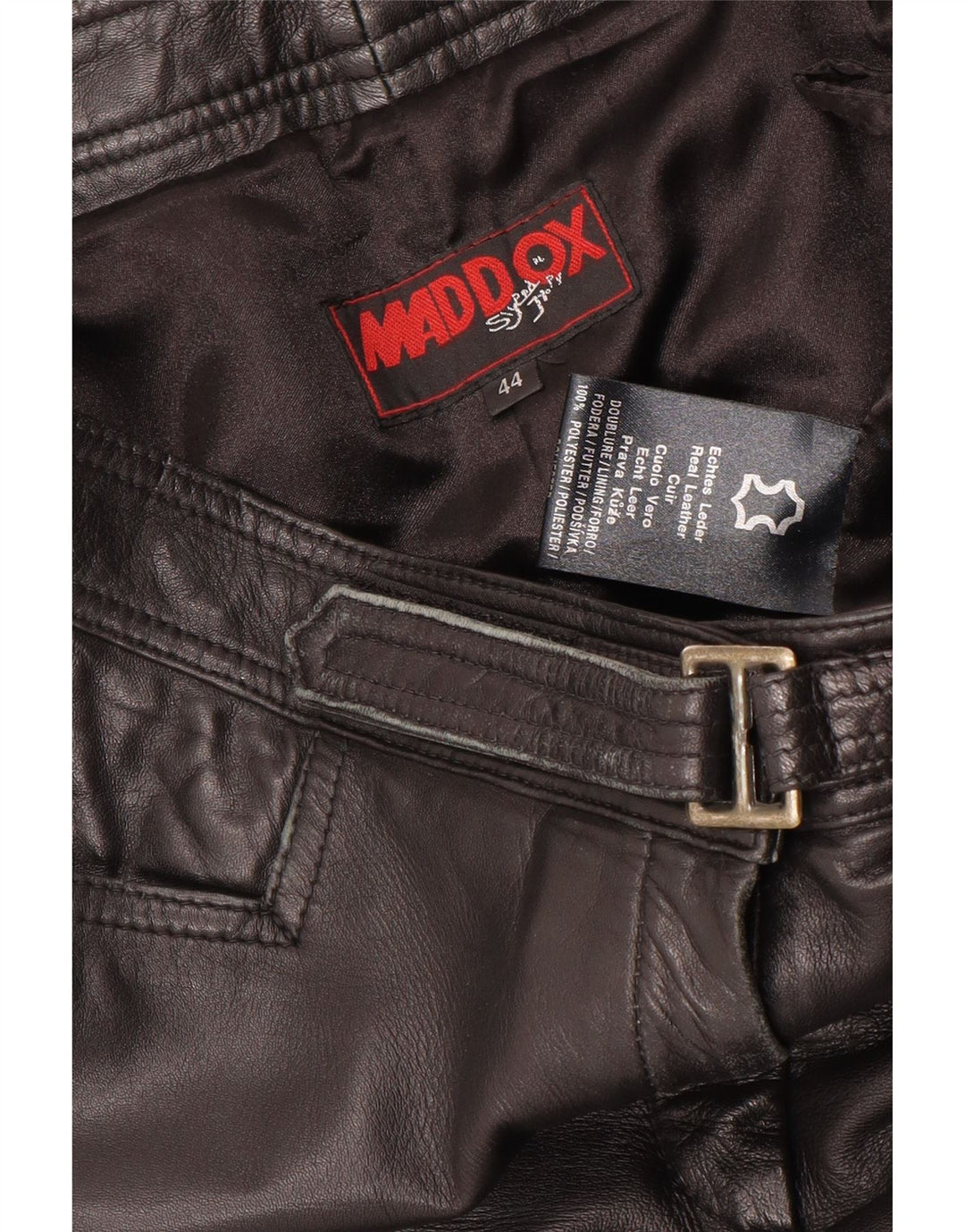 Calça feminina reta de couro Maddox IT 44 médio W32 L32 preta