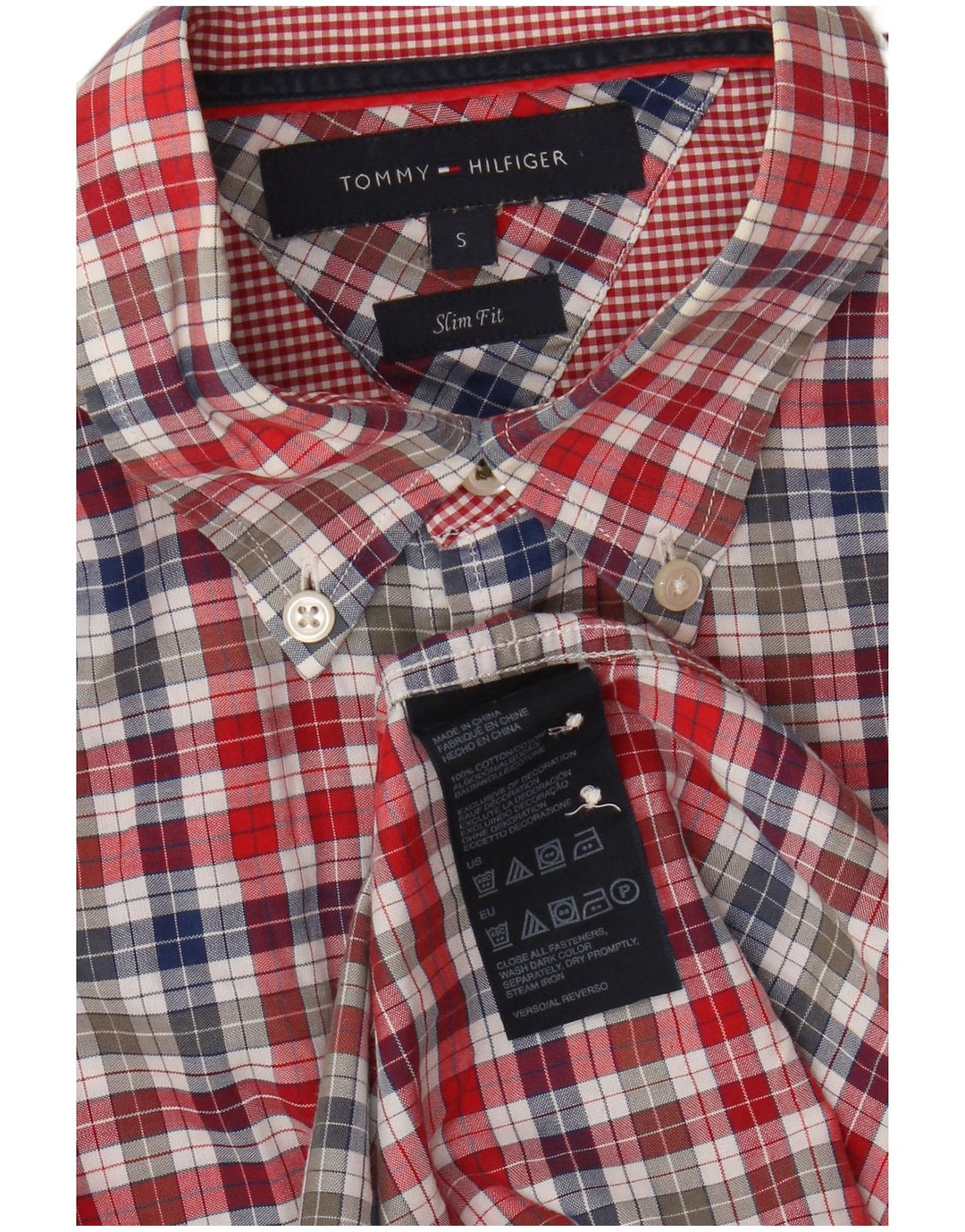 Tommy Hilfiger Camisa masculina slim fit pequena de algodão guingão multicolorido