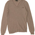 Suéter feminino FRED PERRY com decote em V Reino Unido 12 lã cinza médio