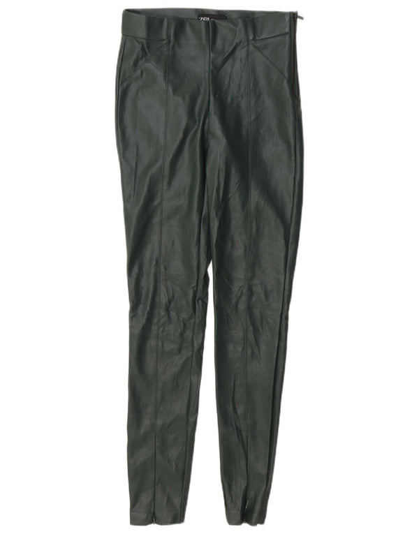 Calça feminina skinny de couro sintético Zara XS W24 L28 poliéster verde