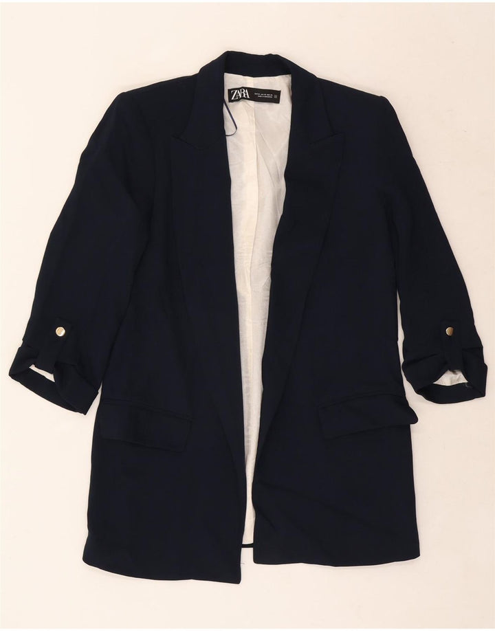 Jaqueta blazer aberta manga 3/4 feminina Zara Reino Unido 6 XS azul marinho poliéster