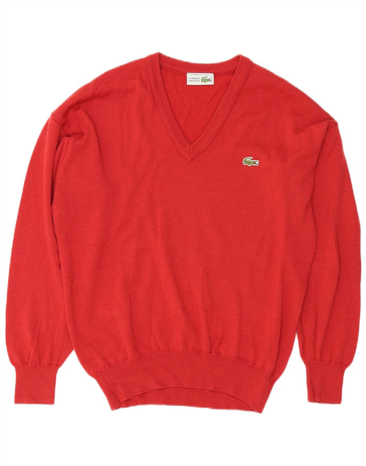 Suéter masculino Lacoste com decote em V tamanho 4 médio vermelho lã nova