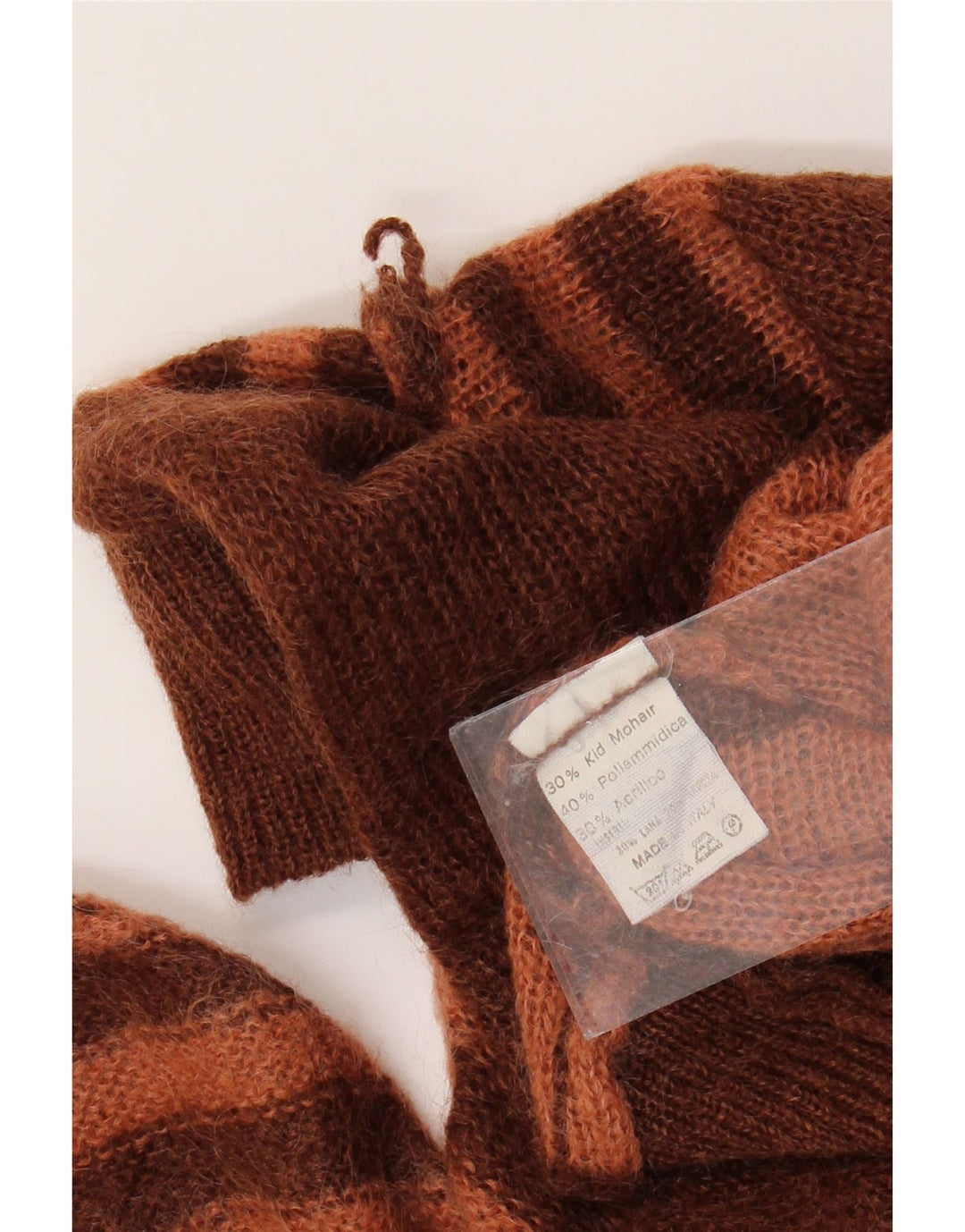 Suéter feminino VINTAGE com gola redonda Reino Unido 14 grande mohair listrado marrom