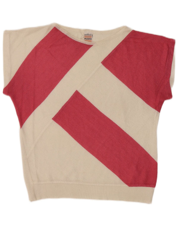 Suéter feminino vintage com gola canoa UK 12 listrado branco médio
