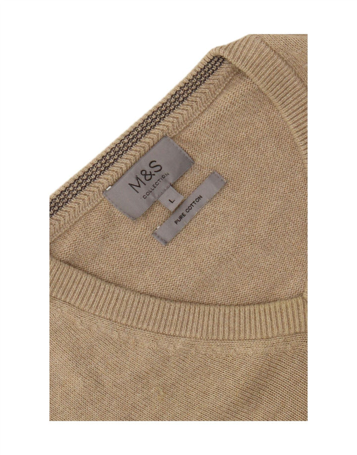 Suéter masculino Marks & Spencer com decote em V, grande algodão bege