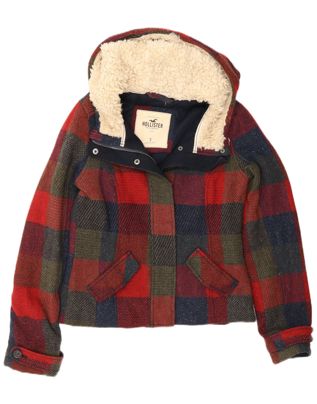 Jaqueta corta-vento feminina Hollister com capuz UK 10 pequena xadrez multicolorida