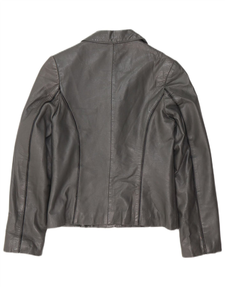 Jaqueta blazer feminina vintage de couro com 3 botões e couro cinza pequeno Reino Unido 8