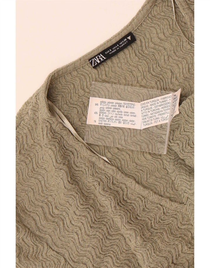 Zara Womens Short Sleeve Crop Top UK 8 Small Khaki Poliéster