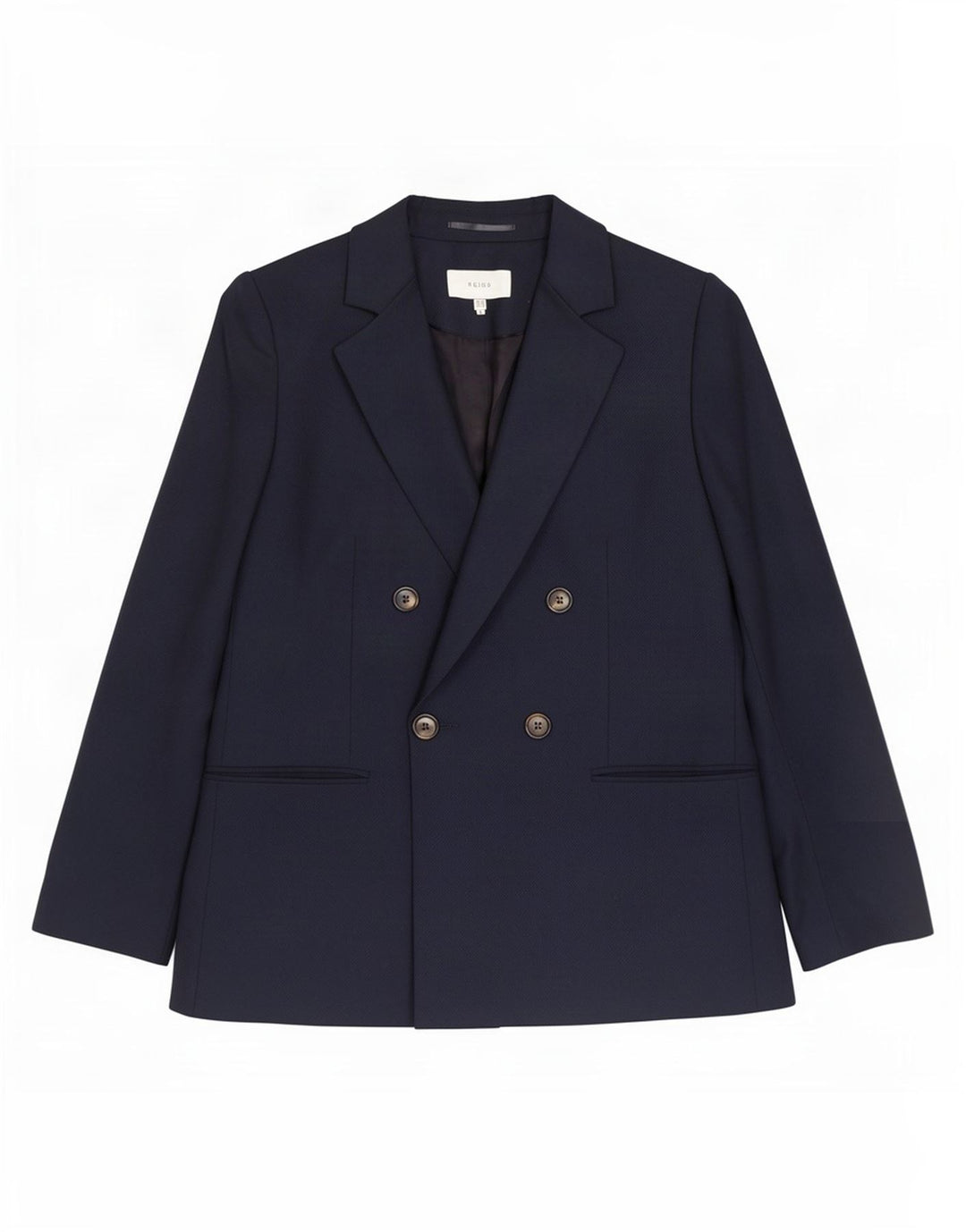 Jaqueta blazer feminina Reiss Double Breasted Reino Unido 12 poliéster azul marinho médio