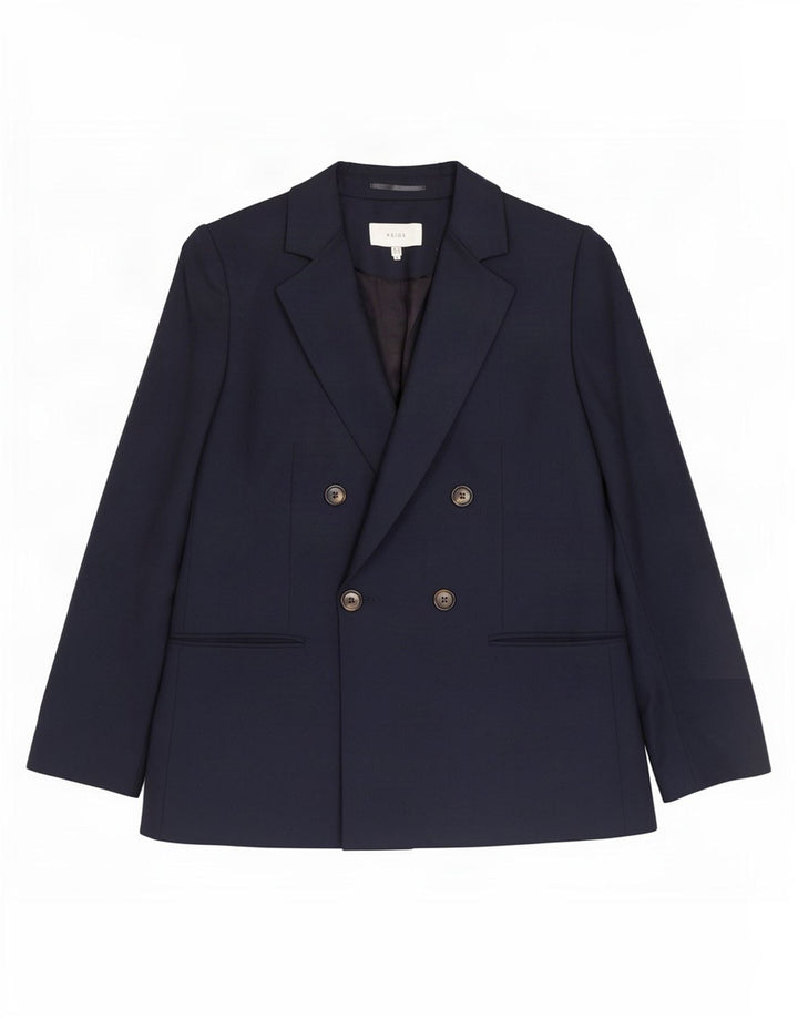 Jaqueta blazer feminina Reiss Double Breasted Reino Unido 12 poliéster azul marinho médio