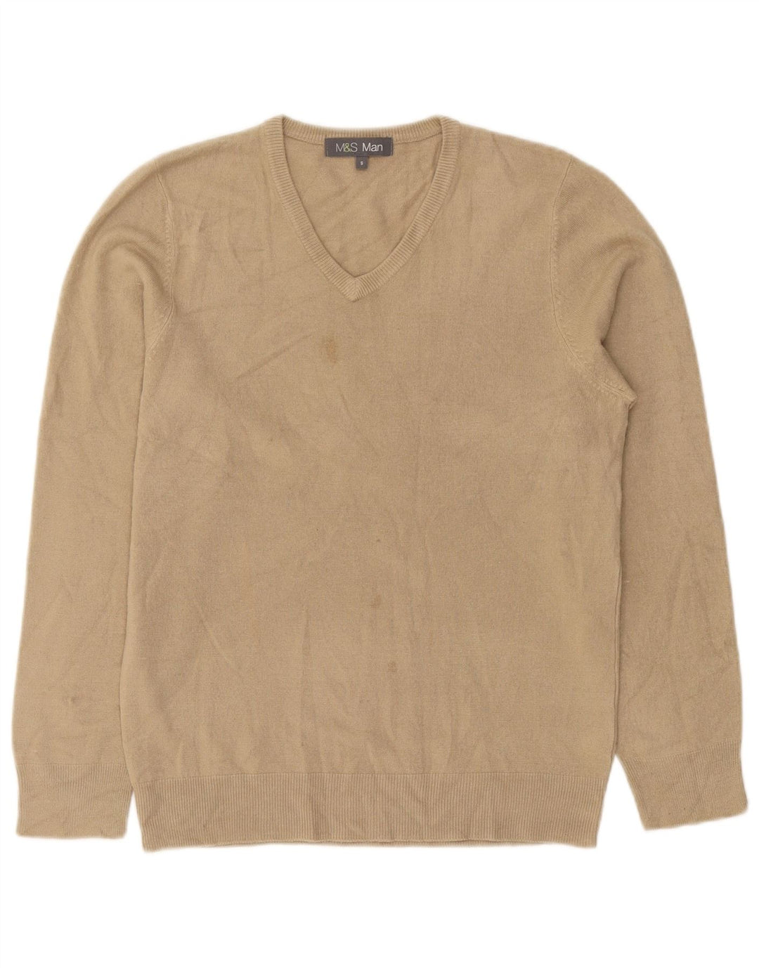 Suéter masculino Marks & Spencer com decote em V pequeno acrílico bege