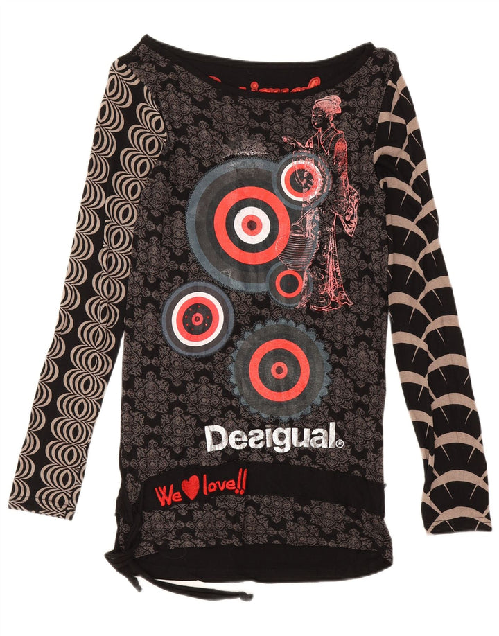 Top gráfico feminino Desigual manga comprida UK 12 médio preto viscose