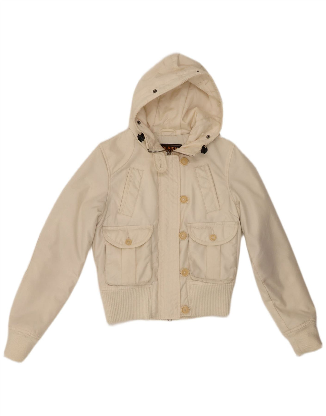 Jaqueta bomber feminina Woolrich com capuz UK 10 pequena nylon branco