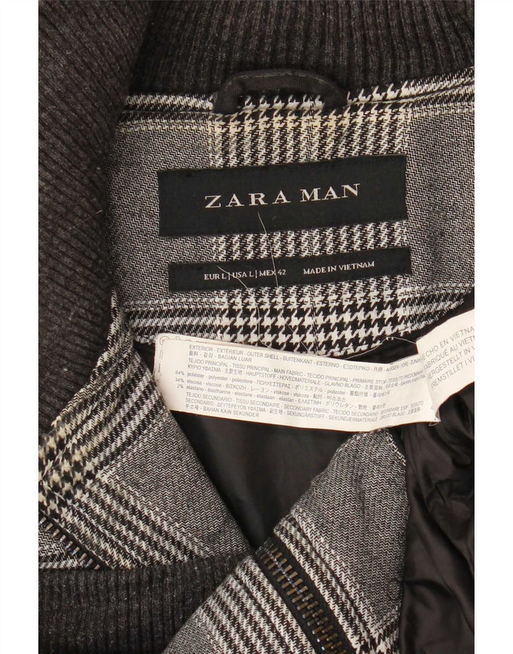 Zara Mens Bomber Jacket UK 40 Grande Cinza Houndstooth Poliéster
