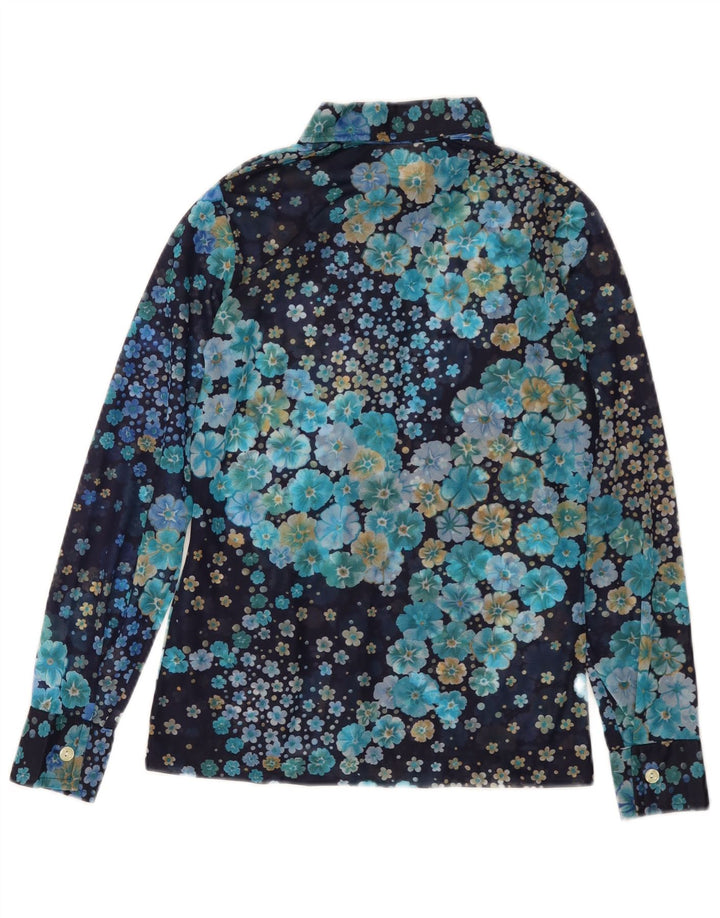 Blusa feminina VINTAGE Reino Unido 10 pequena azul marinho floral poliamida