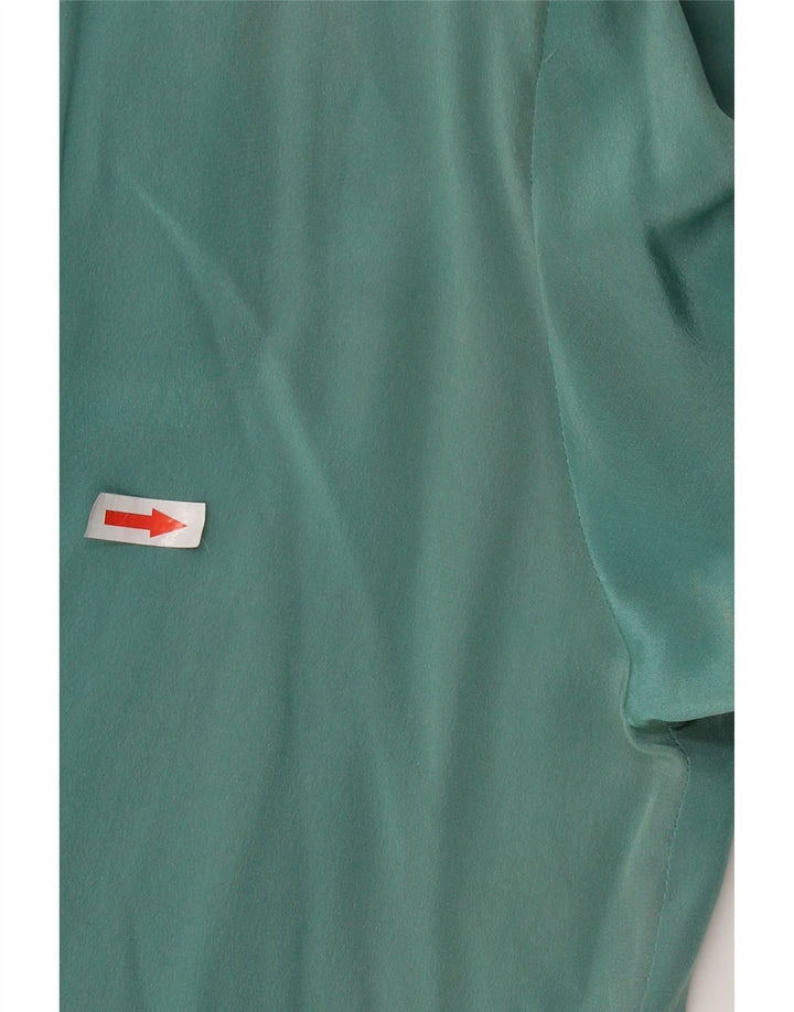 Blusa feminina vintage de manga comprida com gravata frontal Reino Unido 16 seda verde grande