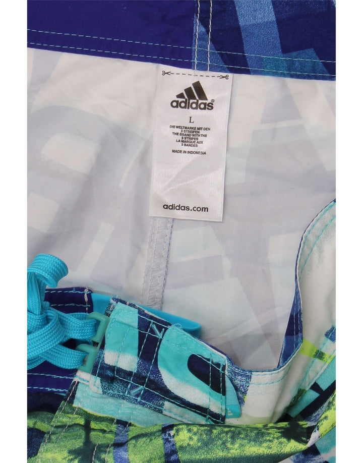 Shorts de natação masculinos Adidas com padrão abstrato gráfico grande azul poliéster