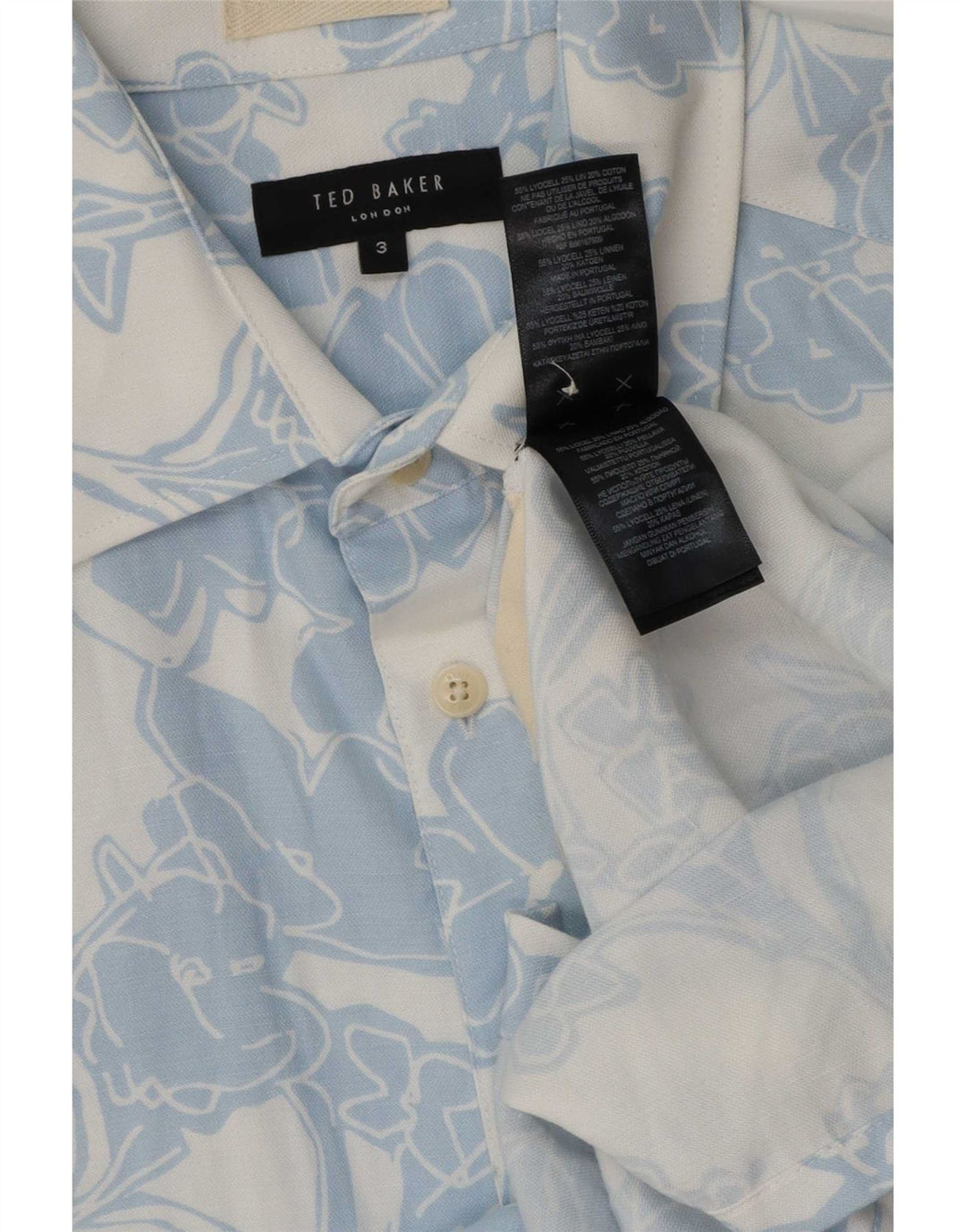 Camisa masculina de manga curta Ted Baker tamanho 3 Lyocell floral azul médio