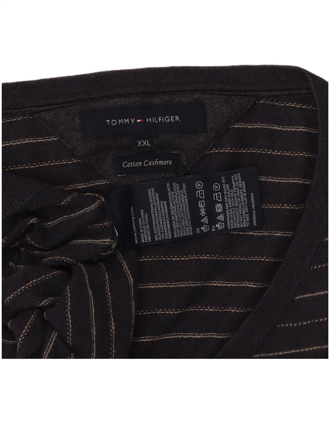 TOMMY HILFIGER Suéter masculino com decote em V 2XL algodão listrado azul marinho