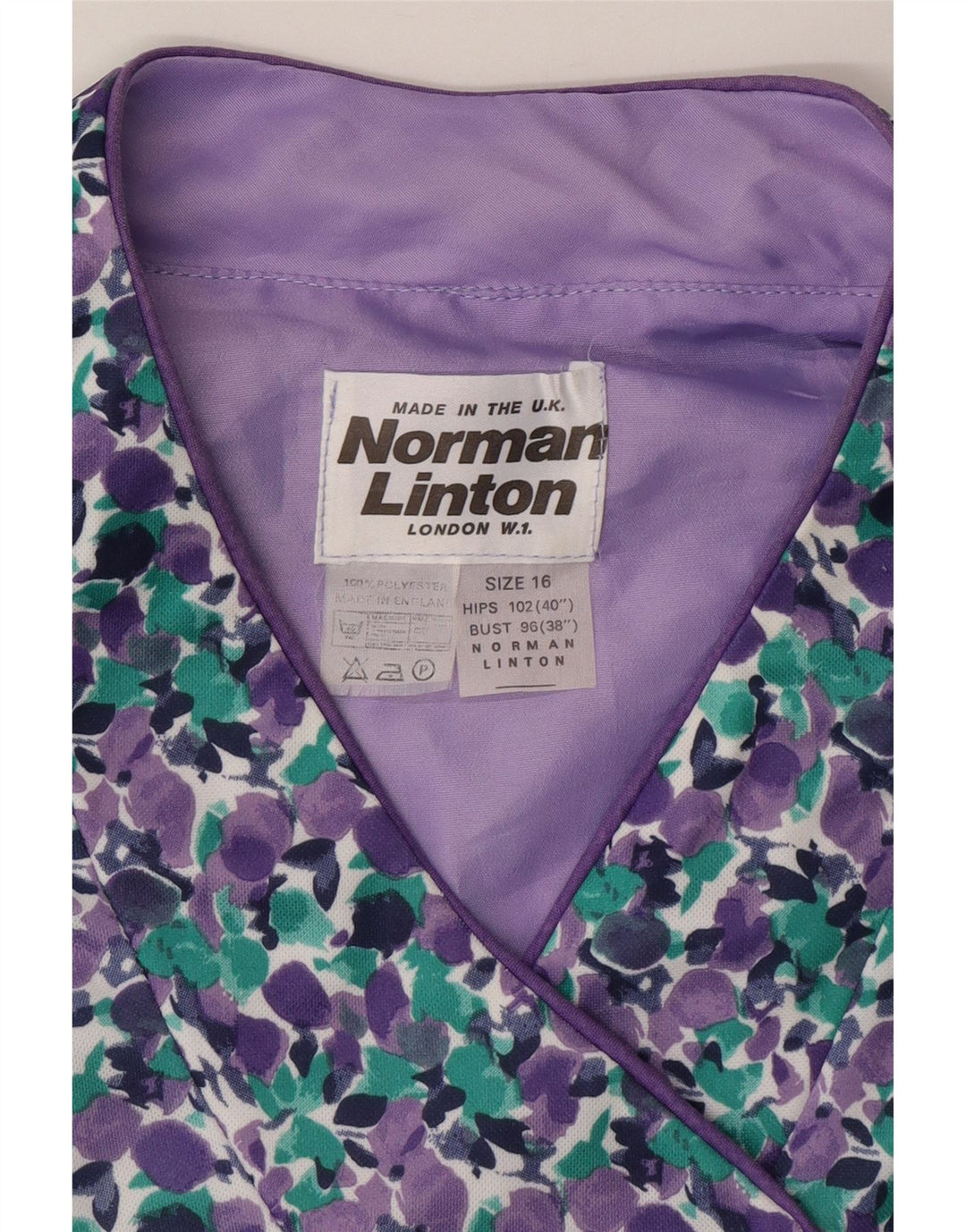 NORMAN LINTON Vestido feminino evasê Reino Unido 16 grande roxo floral poliéster