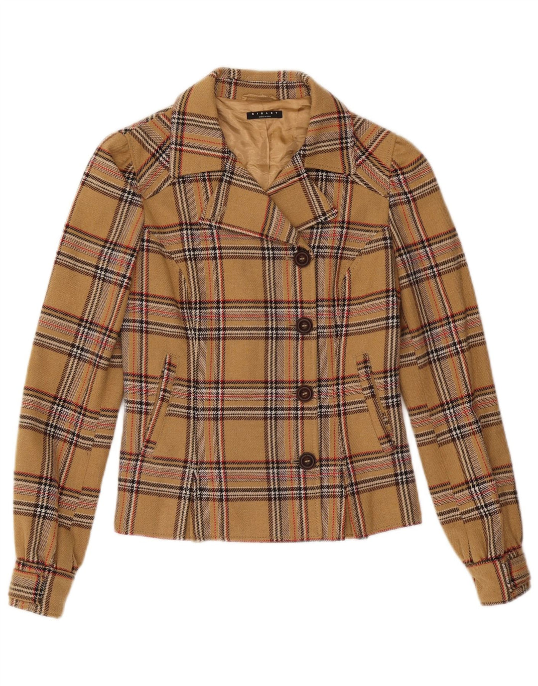 Jaqueta Blazer Feminina Sisley com 4 Botões IT 40 Acrílico Xadrez Bege Pequeno