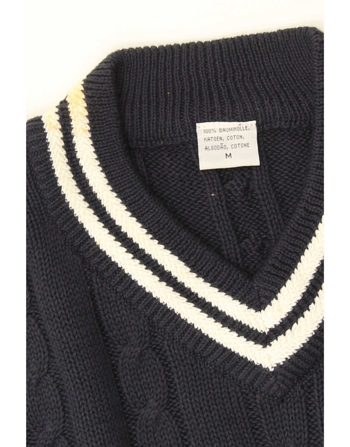 Suéter masculino vintage com decote em V, algodão azul marinho médio