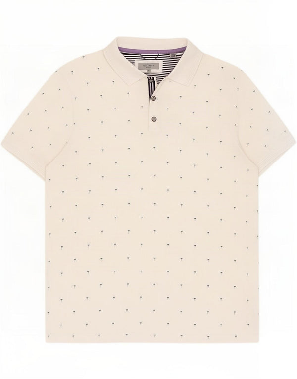 Ted Baker masculino padrão abstrato camisa polo tamanho 5 XL algodão branco