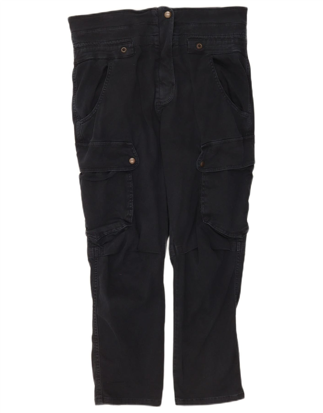 Zara Calça cargo feminina cortada média W28 L25 algodão azul marinho