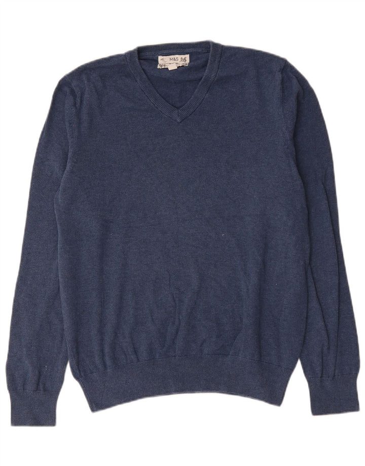 Suéter masculino Marks & Spencer com decote em V, algodão azul marinho médio