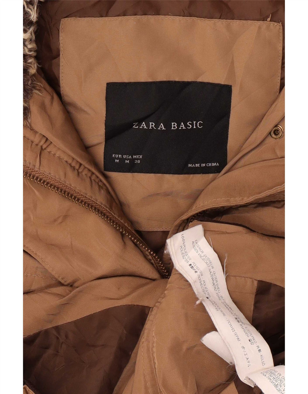 Jaqueta acolchoada com capuz feminina Zara UK 14 poliéster bege médio