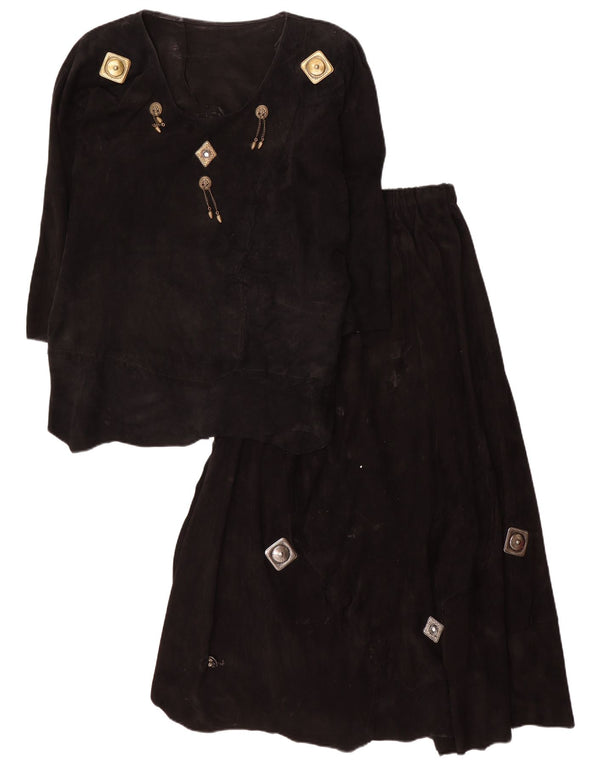 Conjunto de saia feminina vintage de camurça com manga 3/4 e 2 peças Reino Unido 12 médio W28 preto