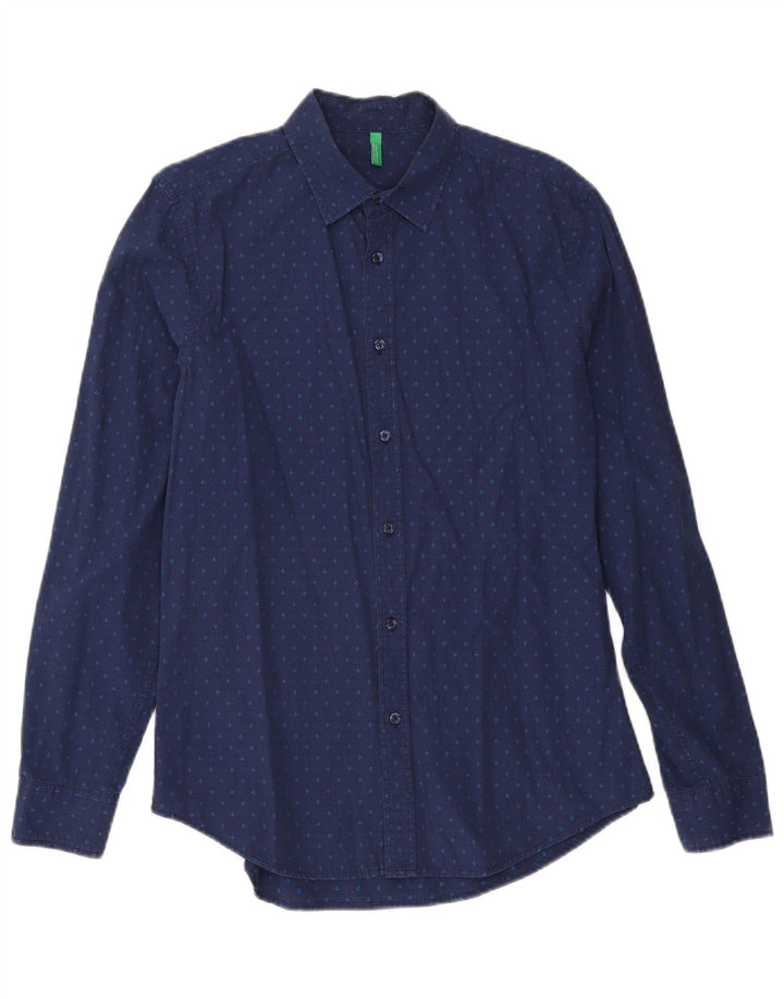 Camisa masculina Benetton grande algodão manchado azul marinho