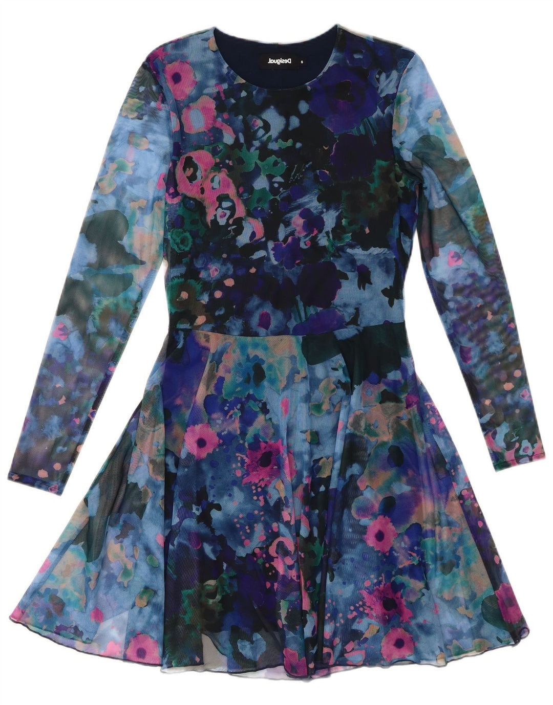 DESIGUAL Vestido feminino com estampa abstrata de manga comprida evasê Reino Unido 10 pequeno azul