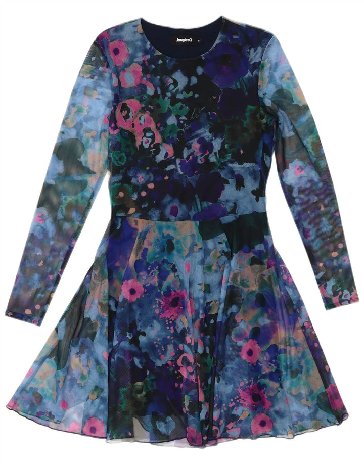 DESIGUAL Vestido feminino com estampa abstrata de manga comprida evasê Reino Unido 10 pequeno azul