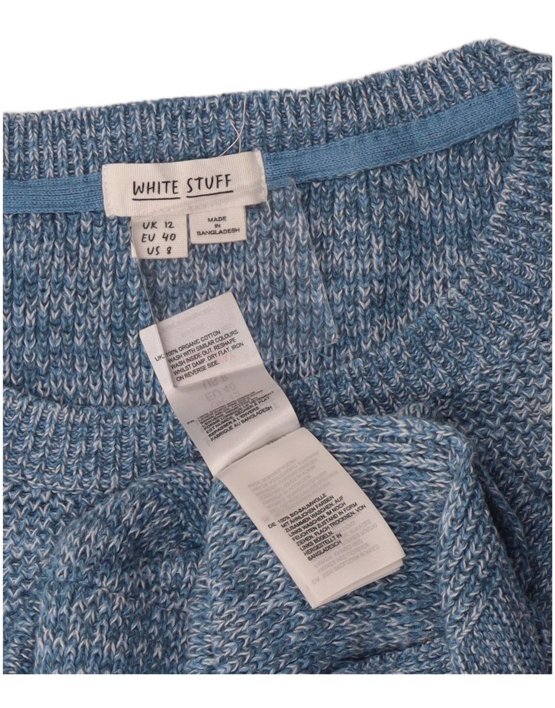 Suéter feminino branco com gola redonda e algodão azul médio UK 12