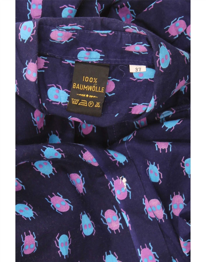 Vintage Masculino Abstrato Padrão Camisa Tamanho 37 Pequeno Algodão Azul Marinho