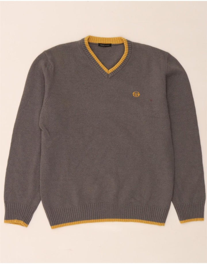 Suéter masculino Sergio Tacchini com decote em V grande lã listrada cinza