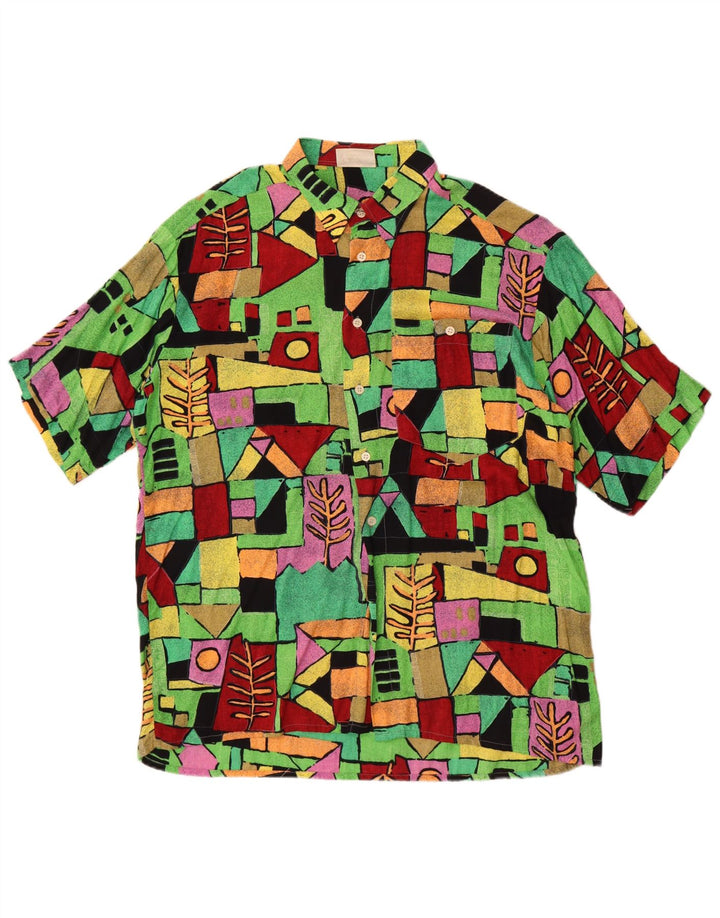 Camisa masculina vintage de manga curta grande geométrica multicolorida
