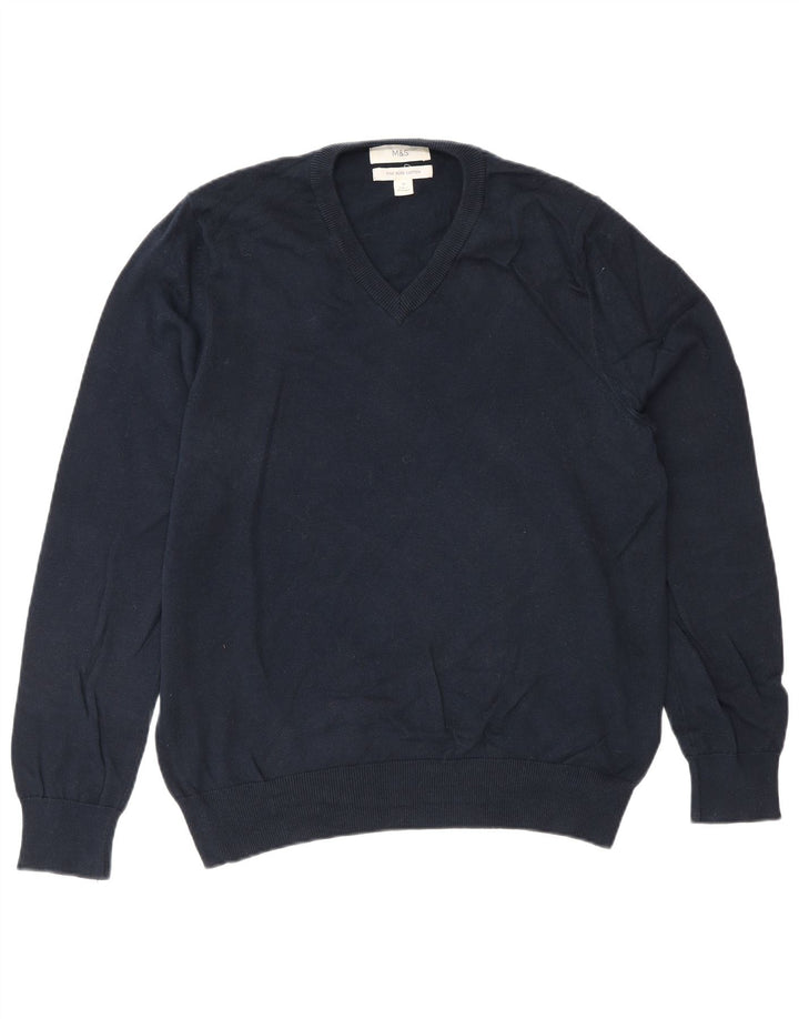 Suéter masculino Marks & Spencer com decote em V, algodão azul marinho médio